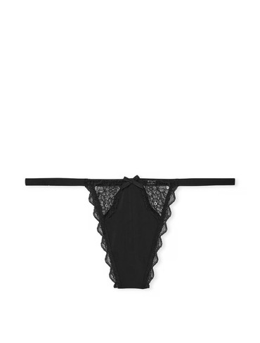 Трусики стрінги люкс гладенькі з мереживом чорні Lace-Trim V-String Panty