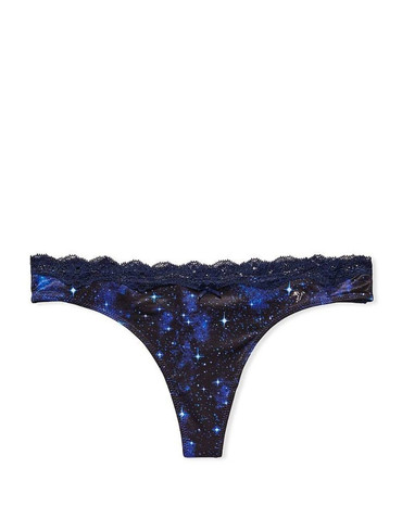 Трусики стрінги люкс гладенькі з мереживом сині Lace Trim Thong Panty