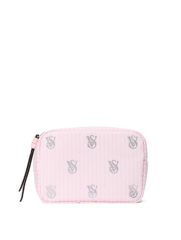 Косметичка маленька зі стразами в рожеву смужку Shine Logo Travel Makeup Bag