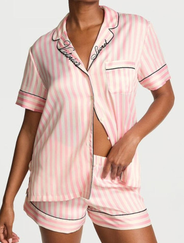 Піжама сатинова з шортами у рожеву смужку Glazed Satin Short Pajama Set