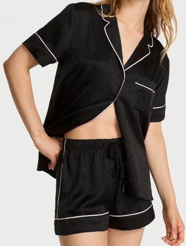 Піжама сатинова з шортами чорна Glazed Satin Short Pajama Set
