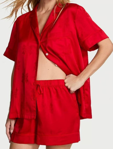 Піжама сатинова з шортами червона Glazed Satin Short Pajama Set