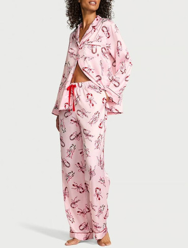 Піжама сатинова сорочка та штани рожева Glazed Satin Long Pajama Set