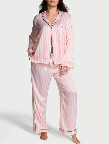 Піжама сатинова сорочка та штани рожева смужка Glazed Satin Long Pajama Set