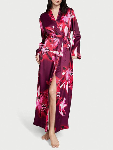 Халат сатиновий довгий бордо Satin Long Robe Floral Print