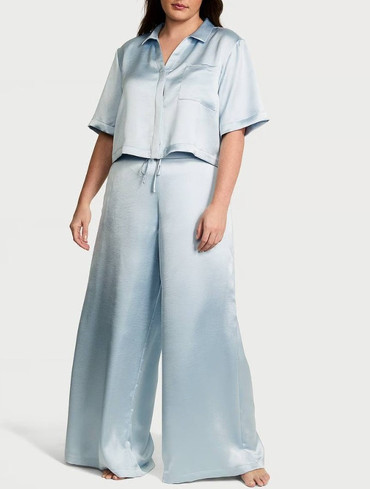 Піжама сатиноква сорочка та штани (Брак) блакитна Luxe Satin Boxy Cropped Long Pajama Set