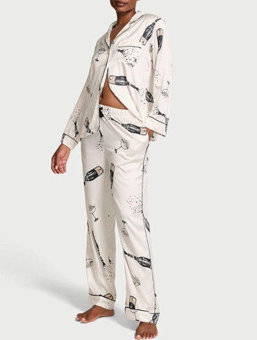 Піжама сатинова сорочка та штани біла Signature Satin Long Pajama Set
