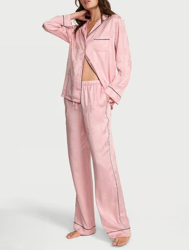 Піжама сатинова сорочка та штани рожева Glazed Satin Bow Stripe Long Pajama Set