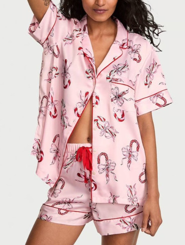 Сатинова піжама з шортами рожева Glazed Satin Short Pajama Set