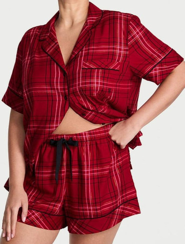 Фланелева піжама з шортами та сорочкою у червону клітинку Flannel Short Pajama Set