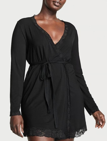 Халат модаловий короткий з мереживом чорний Modal Lace-Trim Robe