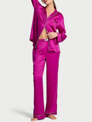 Піжама сатинова зі стразами сорочка та штани рожева фуксія Glazed Satin Shine Long Pajama Set