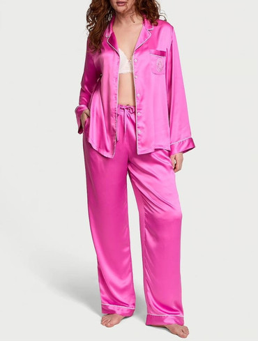Піжама сатинова сорочка та штани рожева Glazed Satin Long Pajama Set