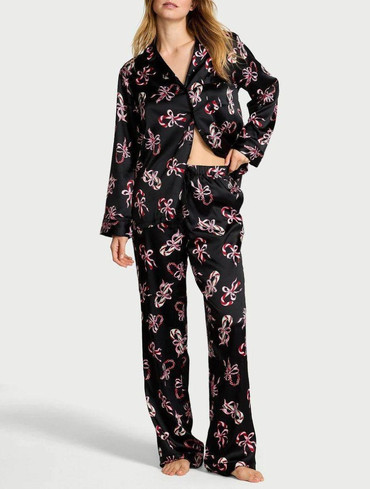 Піжама сатинова сорочка та штани чорна Glazed Satin Long Pajama Set