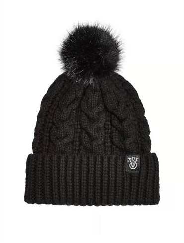 Шапка вʼязана тепла з помпоном чорна Cozy Cable-Knit Pom Beanie