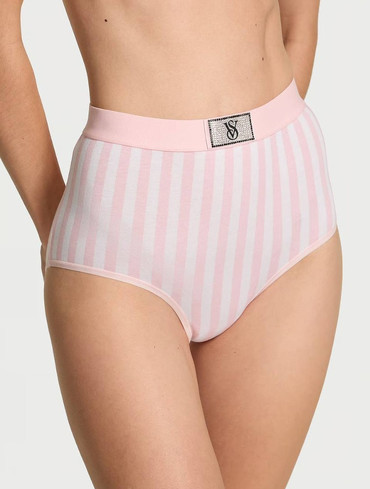 Трусики високі бріфи з логорезинкою зі стразами рожева смужка Logo Cotton Shine Patch Modern Brief Panty