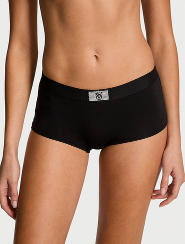 Трусики шорти бавовняні з логорезинкою зі стразами чорні Logo Cotton Shine Patch Boyshort Panty