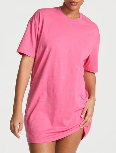 Нічна сорочка (подовжена футболка для сну) рожева зі стразами 100% Cotton Oversize Sleep Tee