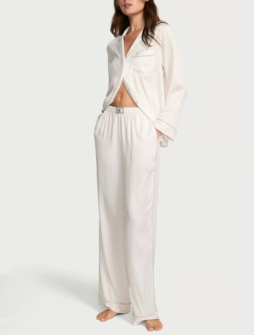 Піжама сатинова зі стразами сорочка та штани біла Glazed Satin Shine Long Pajama Set