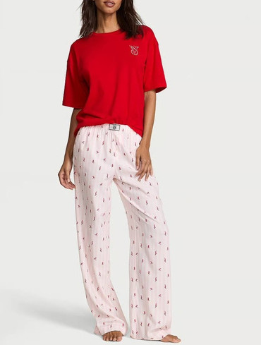 Піжама фланелева зі стразами з футболкою і штанами червона Flannel Short-Sleeve Long Tee-Jama Set