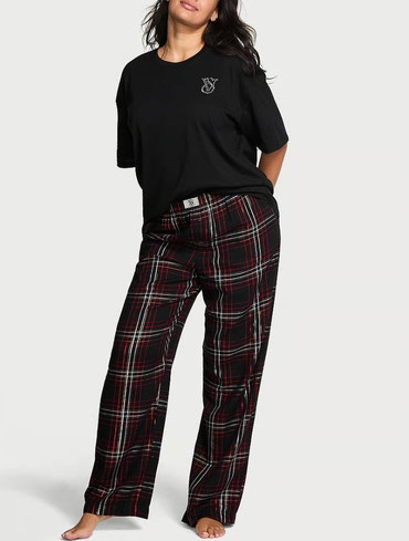 Піжама фланелева зі стразами з футболкою і штанами чорна Flannel Short-Sleeve Long Tee-Jama Set