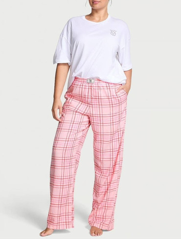 Піжама фланелева зі стразами з футболкою і штанами біло-рожева Flannel Short-Sleeve Long Tee-Jama Set