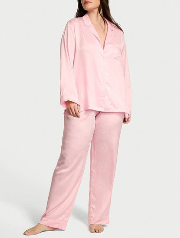 Піжама сатинова зі штанами та сорочкою рожева Glazed Satin Long Pajama Set