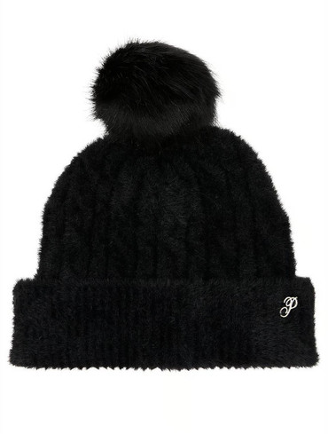 Шапка хутряна тепла з помпоном чорна Fuzzy Feels Beanie