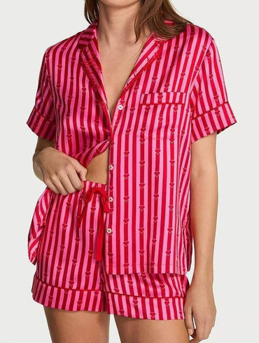 Піжама сатинова сорочка та шорти червона та рожева смужка Signature Satin Short Pajama Set