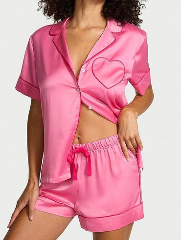 Піжама сатинова сорочка та шорти рожева Signature Satin Heart Short Pajama Set