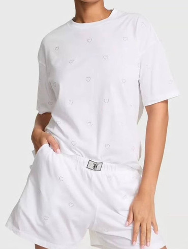 Піжама бавовняна зі стразами футболка та шорти біла 100% Cotton Shine Short Pajama Set