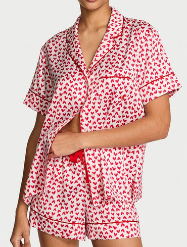 Піжама сатинова сорочка та шорти біла в сердечко Signature Satin Short Pajama Set