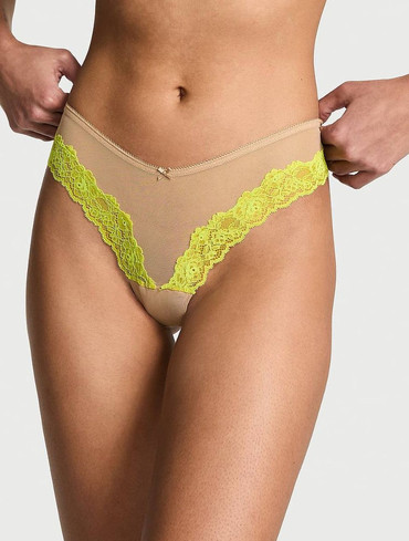 Трусики стрінги в сіточку з мереживом Mesh Lace-Trim High-Leg Thong Panty
